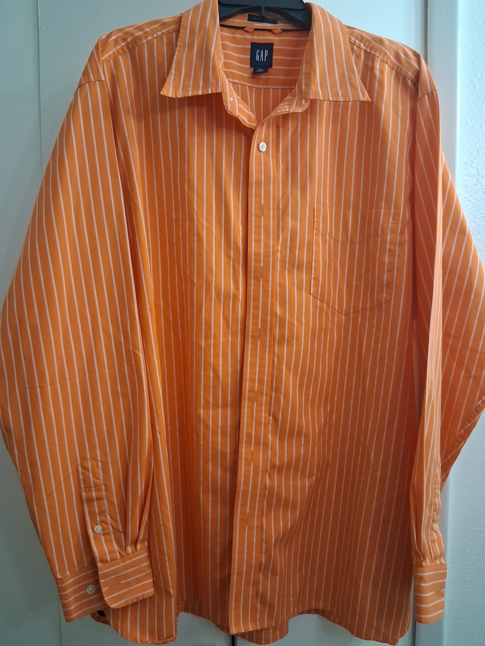 GAP Orange and White Striped Men's Button-Up Shirt